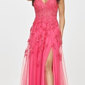 Faviana Vibrant Pink Floral Prom Dress Size 8
